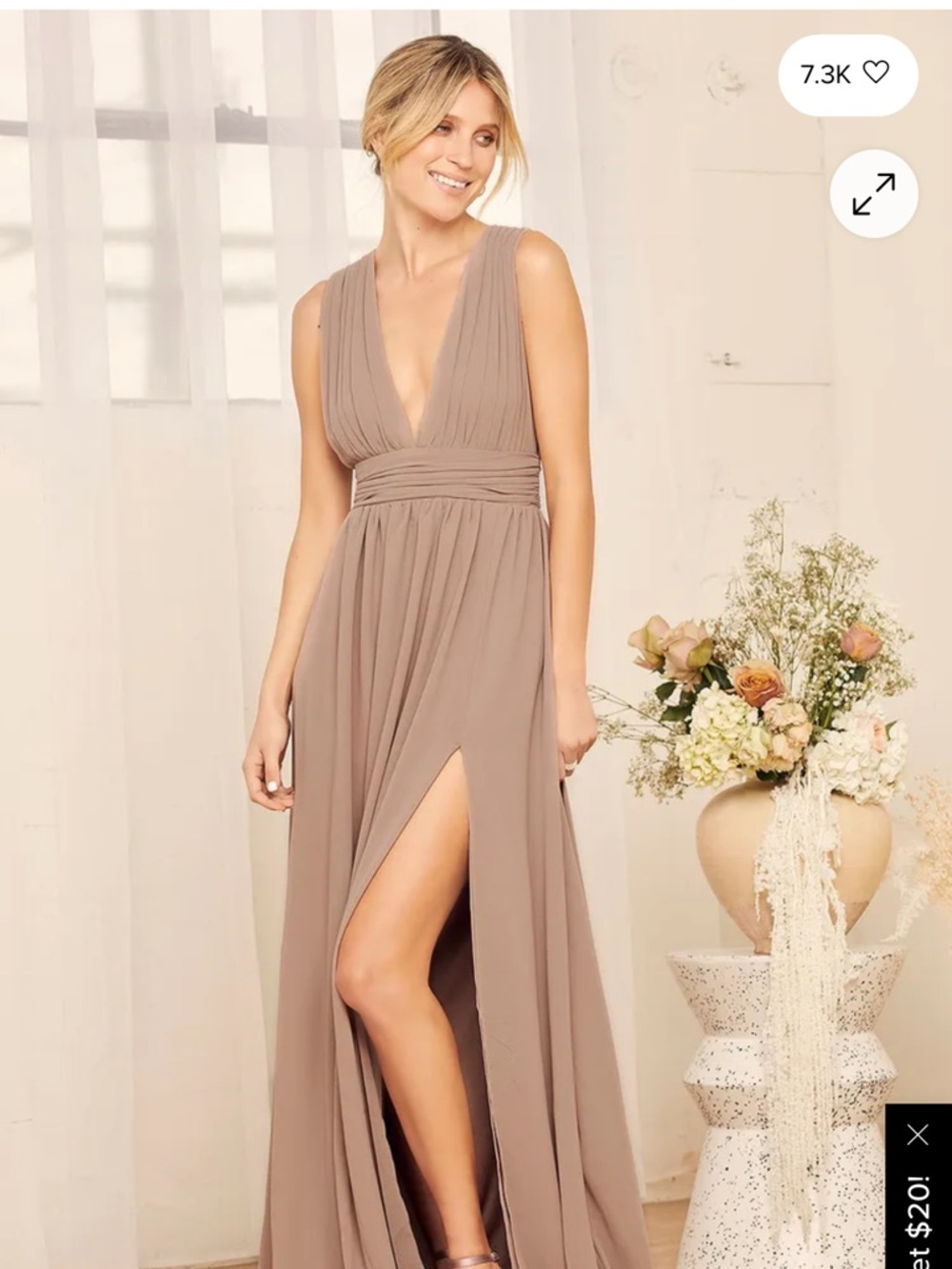 Lulu's Blush Plunge V-Neck Sleeveless Prom Gown with High Slit